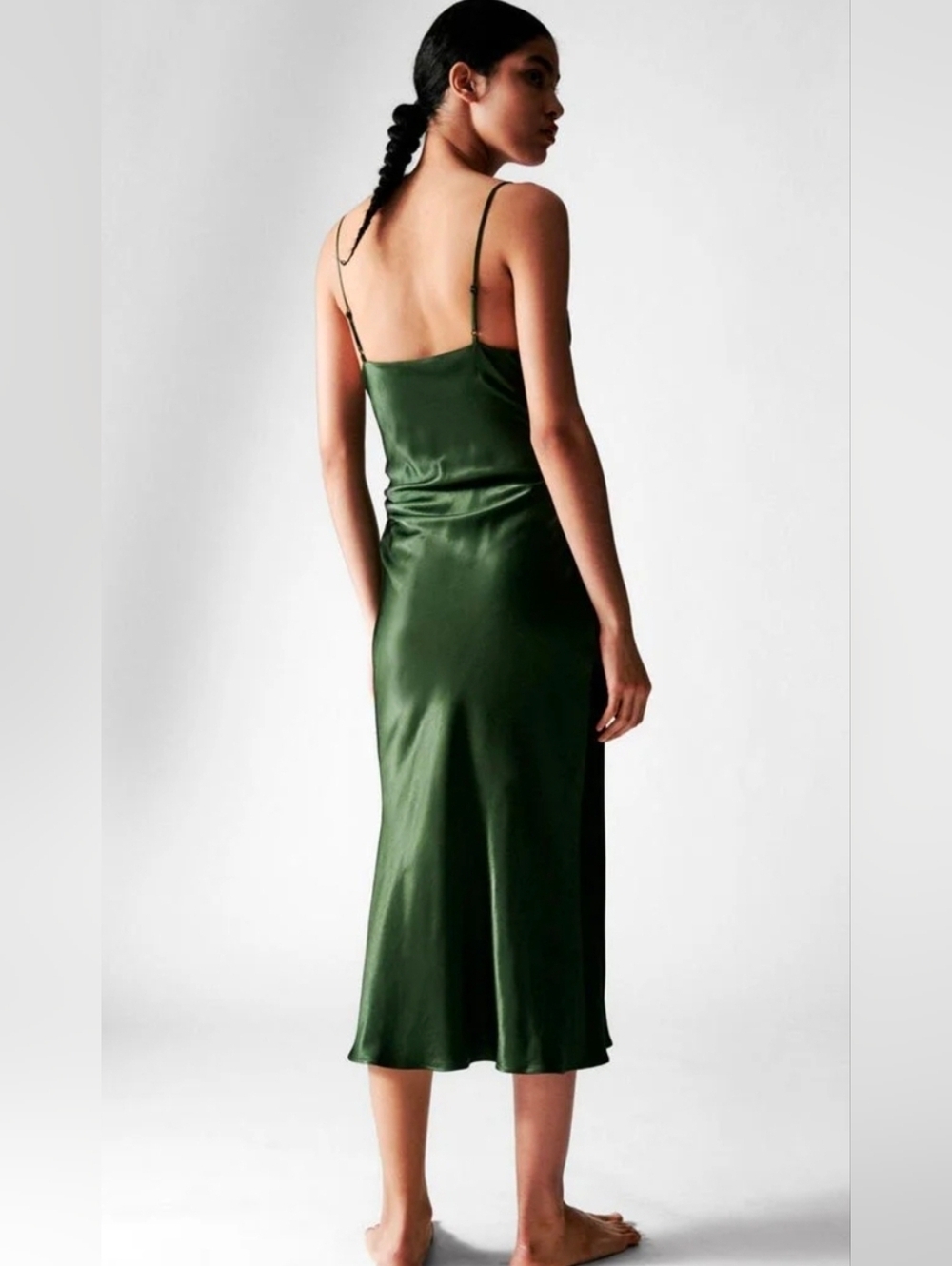 Zara Dark Green Satin Midi Slip Dress - Picture 3 of 9
